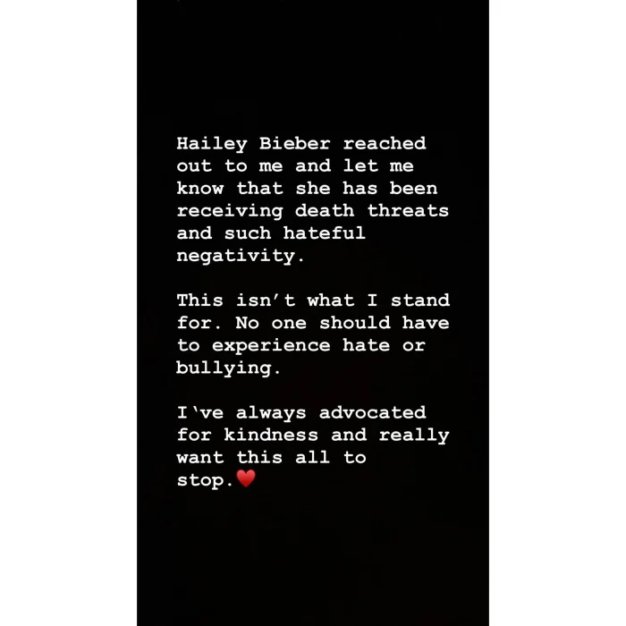   Selena Gomez falou com Hailey Bieber depois que modelo recebeu ameaças de morte 2