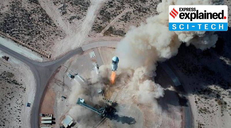 Missão espacial Jeff Bezos, espaço Jeff Bezos, Jeff Bezos, lançamento espacial Blue Origin, Indian Express