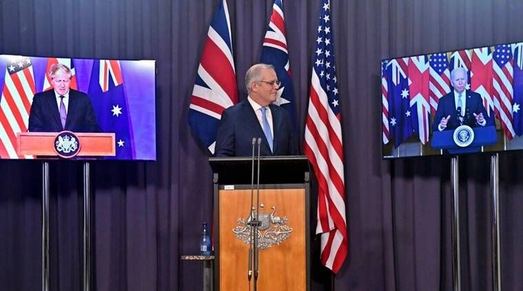 AUKUS, pacto de defesa EUA Reino Unido Austrália, submarinos nucleares, China, mar da China Meridional, o que é AUKUS, acordo de defesa EUA Reino Unido Austrália, Indian Express