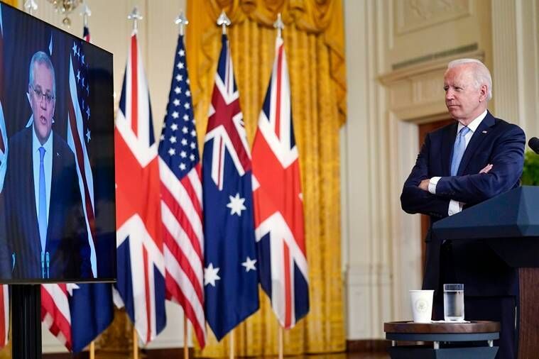 AUKUS, pacto de defesa EUA Reino Unido Austrália, submarinos nucleares, China, mar da China Meridional, o que é AUKUS, acordo de defesa EUA Reino Unido Austrália, Indian Express