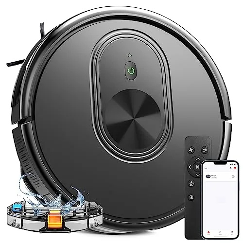   Combinação de aspirador de pó e esfregona, aspirador de pó robótico de limpeza 3 em 1 com programação, aplicativo/Bluetooth/Alexa, sucção máxima de 1600Pa, aspirador de pó de carregamento automático, fino, ideal para pisos duros, pelos de animais de estimação, carpetes