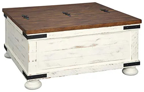   Design exclusivo de Ashley Wystfield Farmhouse Square Storage Mesa de centro com tampo articulado, branco envelhecido