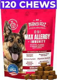   Mighty Petz MAX Dog Allergy Relief Chews - Pele sem coceira - Suplemento imunológico com óleo de peixe ômega 3 + probióticos