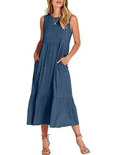   ANRABESS Vestido feminino sem mangas com decote redondo para praia, cintura alta, casual, solto, vestido maxi, em camadas, com bolsos, 499shenlan-S, azul