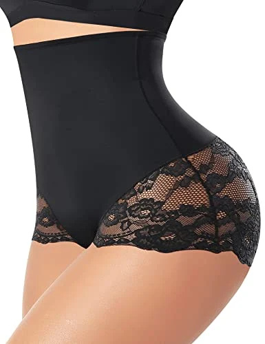 Calcinha modeladora com controle de barriga para mulheres Roupa íntima modeladora de cintura alta sem costura Modeladora corporal (Preto com acabamento em renda, Pequeno)
