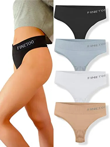 Pacote com 4 tangas de cintura alta FINETOO para mulheres Roupa íntima respirável macia e elástica de náilon elastano sem costura lateral (L)