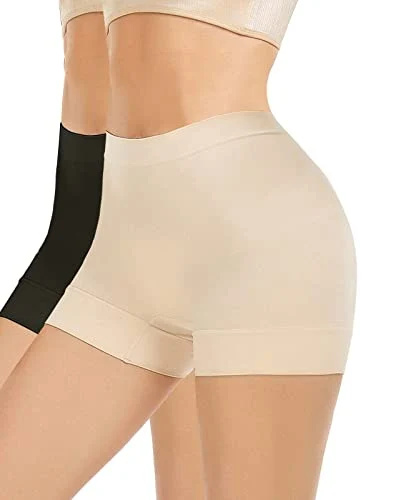 WOWENY 2 pacotes de shorts modeladores com controle de barriga para mulheres, shorts masculinos modeladores sem costura, coxas mais finas, calcinhas modeladoras para vestidos inferiores (pacote com 2 (bege e preto), grande)