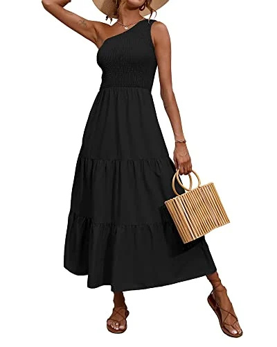   BTFBM Women One Shoulder Sleeve Casual Summer Dresses 2023 Smocked cintura alta Floral Flowy Beach Boho Maxi Dress (Solid Black, Large)