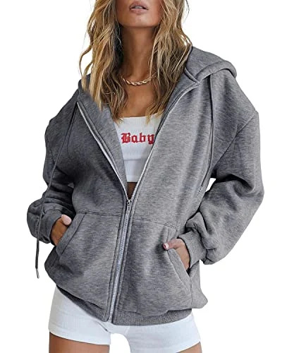   Moletom feminino com capuz bonito da moda 2023 roupas de outono oversized moletom com zíper jaquetas de lã manga comprida confortável estética adolescente meninas na moda lindo Y2K zíper tops com bolso cinza escuro