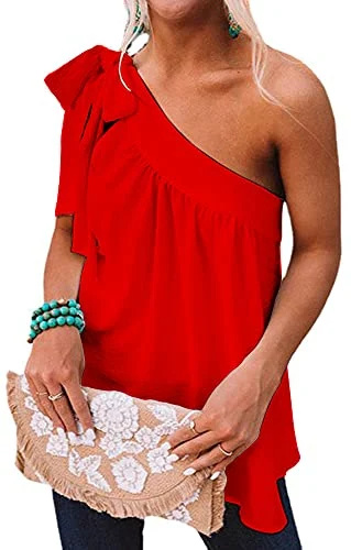   Guteidee Tops femininos de um ombro só Casual Gravata Laço Sem Mangas Tops Blusa Túnica Camisas Vermelho Grande