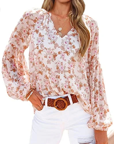   Blusa feminina casual boho floral camisas decote em v manga longa bufante leve chiffon primavera verão moda 2023 tops (branco floral, médio)