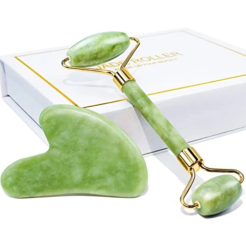   BAIMEI Jade Roller & Gua Sha Set Face Roller e Gua Sha Facial Tools para rotina de cuidados com a pele e inchaço-verde