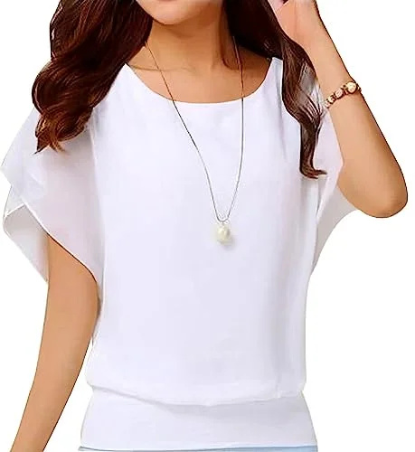  Neineiwu Camisa Feminina de Verão Manga Curta Manga Batwing Decote Redondo Blusa Solta de Chiffon Tops (Branco M)