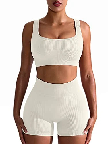   OQQ Mulheres's Workout 2 Piece Seamless Ribbed High Waist Legging Sports Exercise Set Bra Outfit, Beige, Large