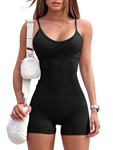   OQQ Mulheres's Yoga Seamless One Piece Spaghetti Strap Tummy Control Padded Sports Romper Bra JumpSuit, Black, Medium