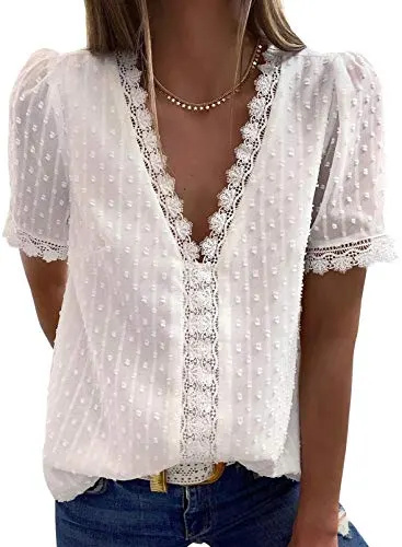   Dokotoo Womens Ladies 2023 Summer Sexy Renda Crochet Decote em V Manga Curta Pom Pom Boho Camisas Casual Solto Sólido Chiffon Blusas para Mulheres Tops Branco Grande