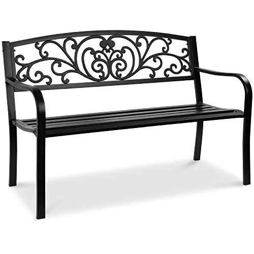   Best Choice Products Banco de aço ao ar livre Jardim Pátio Móveis para gramado, parque, deck com encosto de design floral, assento de ripas - preto