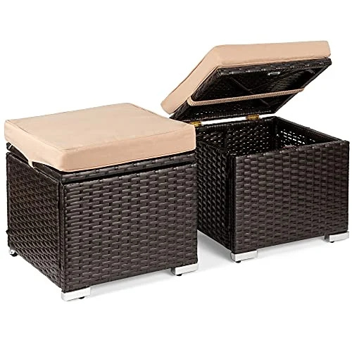   Conjunto de produtos Best Choice com 2 pufes de vime, mobília externa multiuso para pátio, quintal, assento adicional, apoio para os pés, mesa lateral com armazenamento, almofadas removíveis - marrom/bege