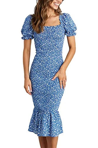   PRETTYGARDEN Mulheres's Summer Floral Midi Bodycon Dresses Short Puff Sleeve Square Neck Ruffle Hem Mermaid Cocktail Dress (Blue,Small)