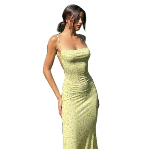   Vestido maxi feminino com recorte sem costas sexy sem mangas dividido vestidos de coquetel bodycon alça fina vestido longo festa (amarelo floral, M)