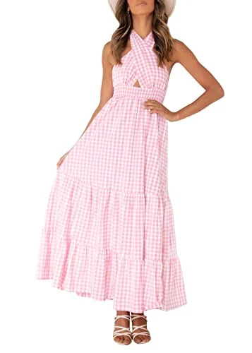   ZÉSICA Mulheres's 2023 Summer Crossover Halter Neck Sleeveless Plaid Cut Out Backless Flowy A Line Maxi Dress,Pink,Medium