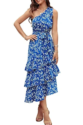   PRETTYGARDEN Mulheres's Summer Floral Sundress Casual One Shoulder Tiered Ruffle Flowy Midi Beach Boho Dresses (Floral Royal Blue White,Medium)