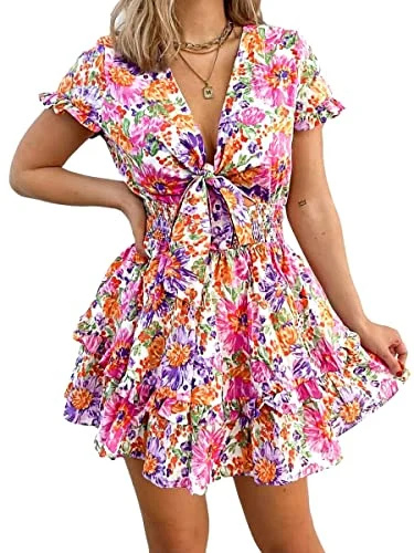  PRETTYGARDEN Mulheres's 2023 Summer Swing Mini Dress Tie Front V Neck Short Sleeve Ruffle Layer A-Line Short Dress(Floral White,Large)