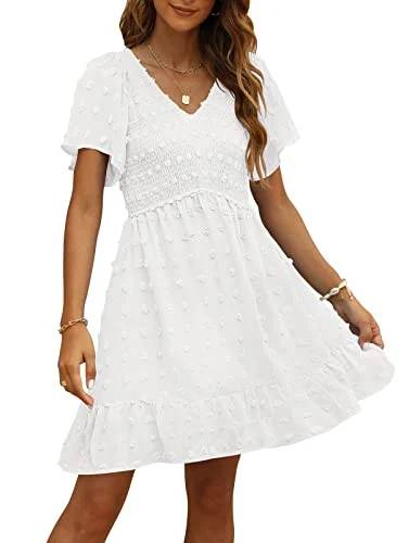   Minivestido feminino TECREW de manga curta com decote em V para verão Vestido curto esvoaçante de ponto suíço, branco, médio