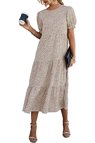   PRETTYGARDEN Mulheres's Summer Casual Boho Dress Floral Print Ruffle Puff Sleeve High Waist Midi Beach Dresses (Apricot,Medium)