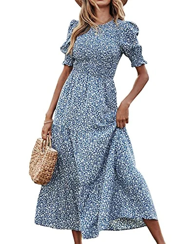   Vestidos femininos casuais de verão BTFBM 2023 primavera gola redonda babado manga curta floral leopardo smocked boho flowy maxi vestido (floral azul branco, médio)