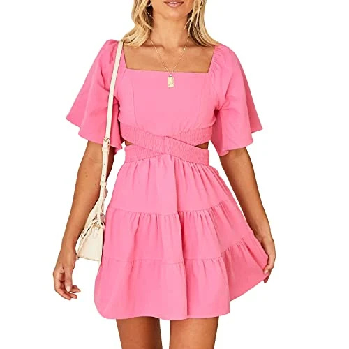   mulheres tímidas de veludo's Summer Dress Square Neck Short Sleeves Crossover Waist Casual Party Mini Dress Pink