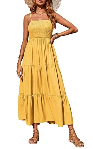   PRETTYGARDEN Mulheres's Summer Maxi Dress Casual Boho Sleeveless Spaghetti Strap Smocked Tiered Long Beach Sun Dresses Yellow