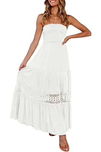  ZÉSICA Mulheres's 2023 Summer Bohemian Strapless Off Shoulder Lace Trim Backless Flowy A Line Beach Long Maxi Dress,White,Medium
