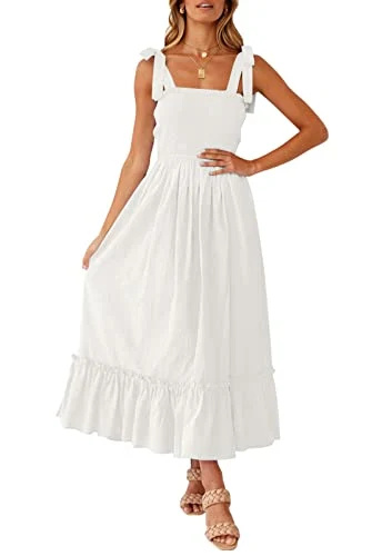   ZÉSICA Mulheres's 2023 Summer Boho Spaghetti Strap Square Neck Solid Color Ruffle A Line Beach Long Maxi Dress,White,Medium