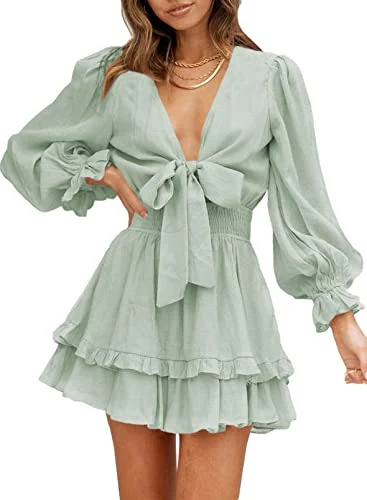   AlvaQ Vestido Feminino Verão Primavera Manga Longa Decote em V Profundo Babado Fluido Curto Minivestido Moda 2023 Verde Médio