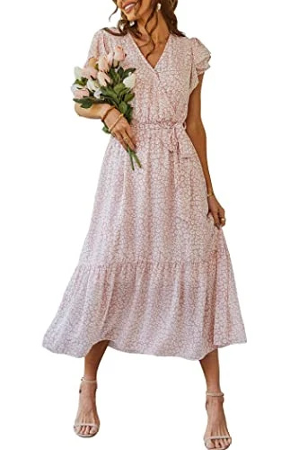   PRETTYGARDEN Mulheres's 2023 Floral Summer Dress Wrap V Neck Short Sleeve Belted Ruffle Hem A-Line Bohemian Maxi Dresses (Pink,Medium)