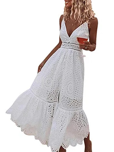   Mulheres BerryGo's Embroidery Pearl Button Down Dress V Neck Spaghetti Strap Maxi Dress White-XS