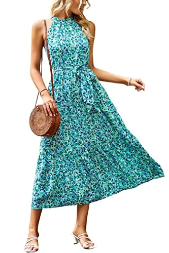   PRETTYGARDEN Mulheres's Summer Floral Maxi Sun Dress Sleeveless Halter Neck Flowy Ruffle Hem Long Boho Dresses with Belt (Sky Blue,Medium)