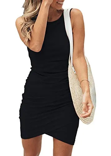   BTFBM Vestido feminino casual gola redonda franzido verão sem mangas regata bodycon camisa curta minivestidos (106 preto, médio)
