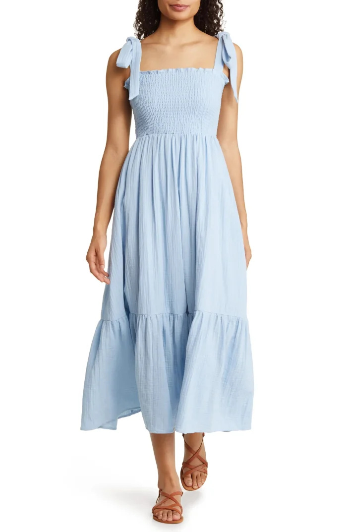   Caslon Vestido de verão midi com amarração e amarração em gaze de algodão