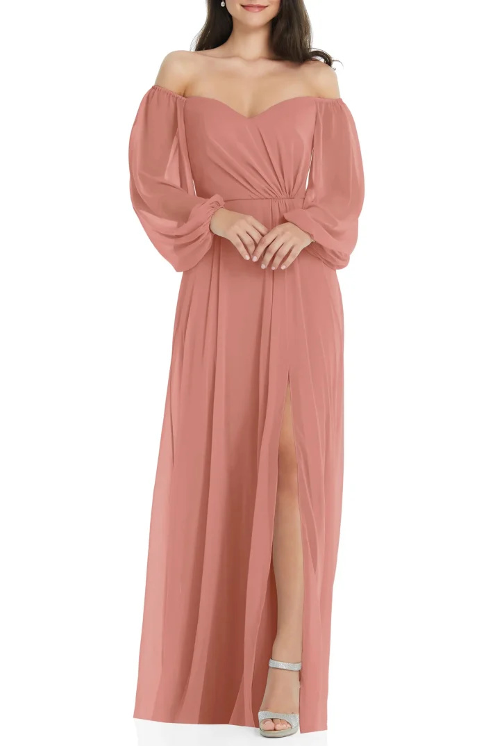  Dessy Collection Vestido de chiffon manga longa com decote conversível