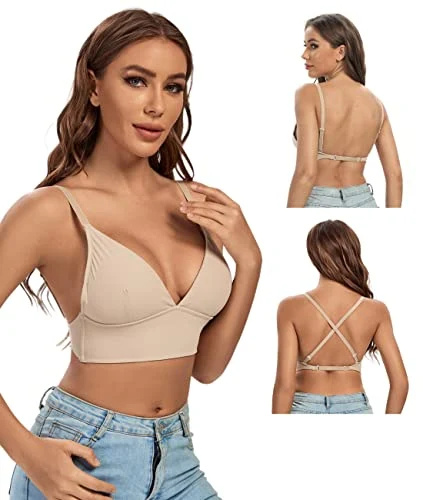 Sutiã feminino OBICUM com costas baixas sem fio acolchoado sem costas sutiã profundo V profundo conversível alças ajustáveis bege M