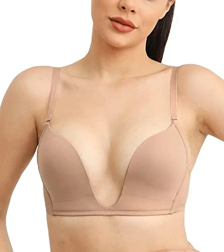 Sutiã de decote profundo em forma de U HACI Sutiãs de decote sexy sem costura em várias direções push up (40B, bege)
