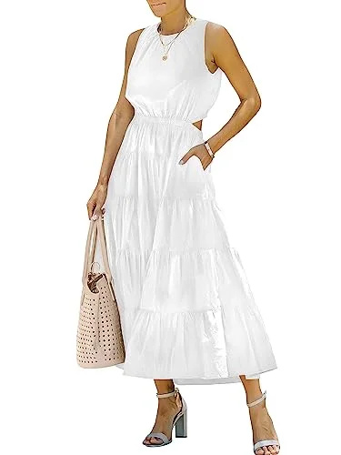   ANRABESS Vestido Maxi Feminino Verão 2023 Sem Mangas Recorte Gola Redonda Vestido de Verão Esvoaçante em A com Bolsos 507-bai-S Branco