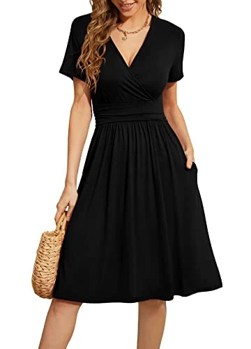   Vestido de verão WEACZZY para mulheres casuais manga curta vestidos pretos vestido de festa com decote em V com bolsos, preto, médio