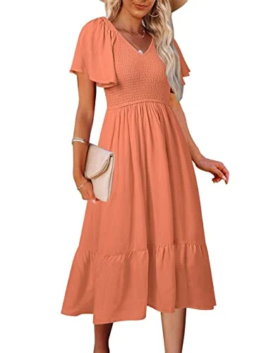   MEROKEETY Vestido Feminino de Verão Flutter Manga Curta Smocked Midi Vestido Flowy Tiered A Line Beach Dress, Lightorange, M
