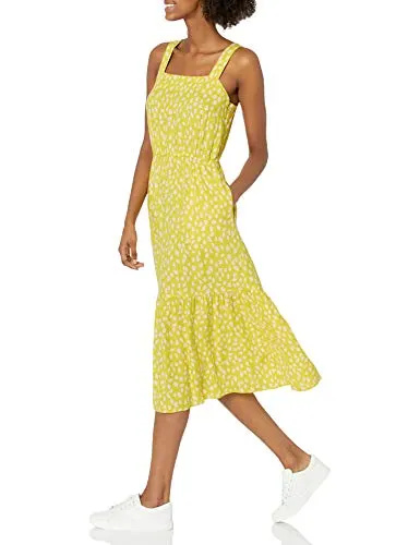   Amazon Essentials Mulheres's Fluid Twill Tiered Fit and Flare Dress, Yellow/Pink, Petal Print, X-Large
