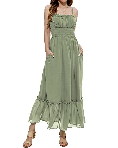   GRACE KARIN Mulheres's Spaghetti Strap Maxi Dress Summer Boho Ruffle Dress Sleeveless Swing A-Line Smocked Waist Cami Dress with Pockets Green L