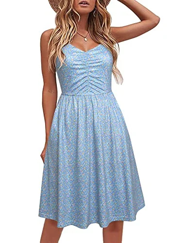   YATHON Vestidos Casuais para Mulheres Sem Mangas Algodão Vestido de Verão Praia Vestidos de Verão Linha A com Alças Espaguete e Bolsos(YT090-Navy Florals 08,M)