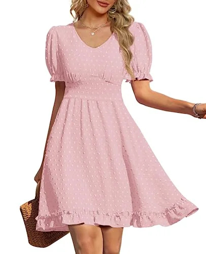   Vestidos femininos com bolsos primavera manga bufante para mulheres 2023 rosa M